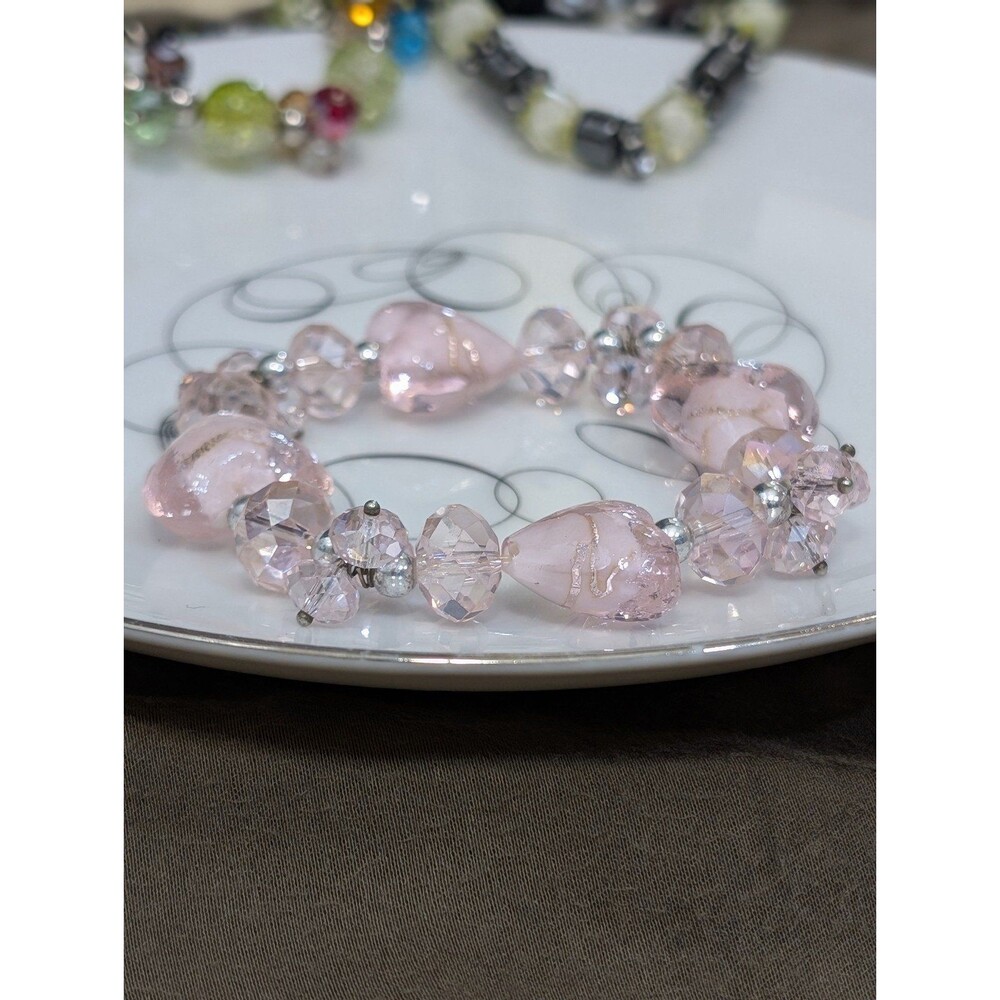 Pink Heart All Glass Crystal Estate Bracelet